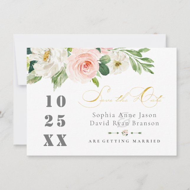 Reserva La Fecha Flores Elegantes de Rosa Tostado Boda Oro (Anverso)