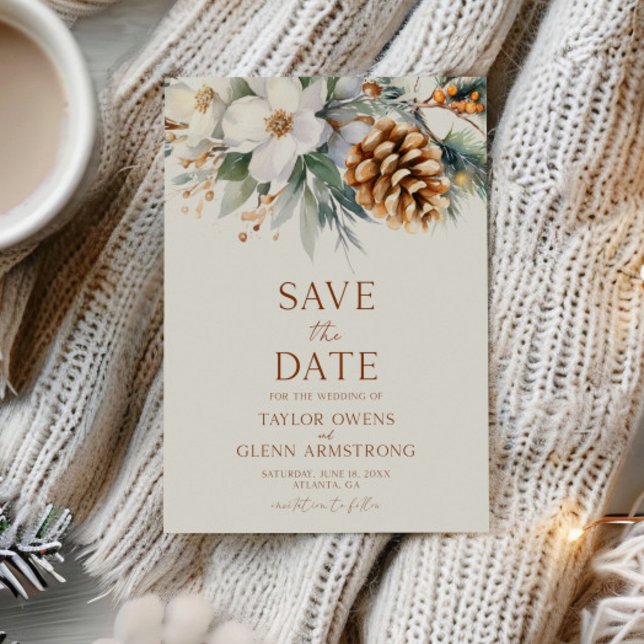 Reserva La Fecha Flores Florales de Invierno Pino Cono Boda (Subido por el creador)