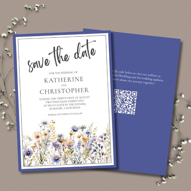 Reserva La Fecha Flores Florales Florales Modernas Bodas Elegantes (Blue Wildflowers Wedding Save The Date card with QR code for wedding website.)