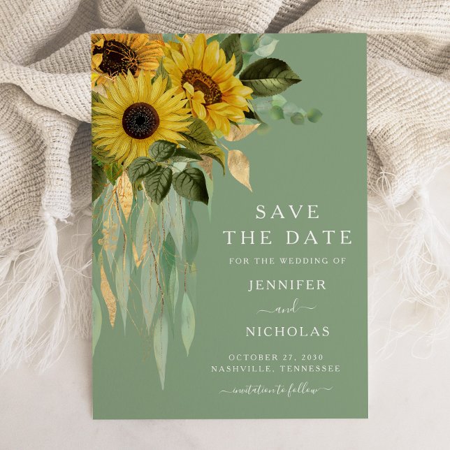 Reserva La Fecha Flores florales verdes rusas (Green Modern Sunflowers Save The Date)