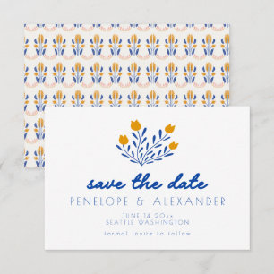 Reserva La Fecha Flores Folk Escandinavas en Boda Azul y Amarillo