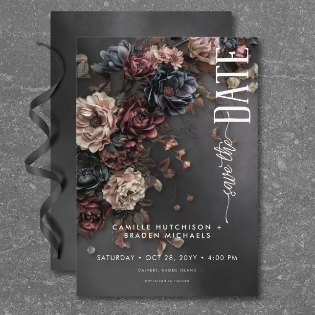 Reserva La Fecha Flores góticas moradas y Boda húmedo negro (Black Moody Gothic Flowers & Mist Wedding Save The Date)