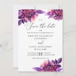 Reserva La Fecha Flores moradas a la acuarela. Boda floral elegante