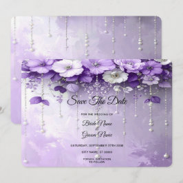 Reserva La Fecha Flores Moradas con Perlas Colgantes Save The Date