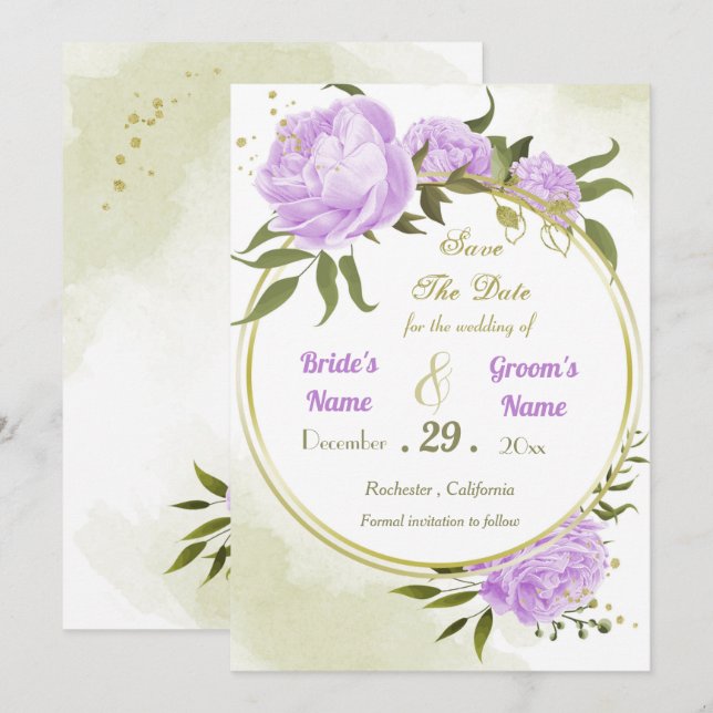 Reserva La Fecha flores moradas hermosas hojas verdes wreath (Anverso / Reverso)