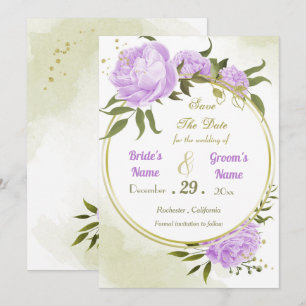 Reserva La Fecha flores moradas hermosas hojas verdes wreath