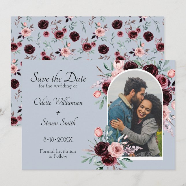Reserva La Fecha Flores Polvorientas Azules y Burgundy Foto Boda (Anverso / Reverso)