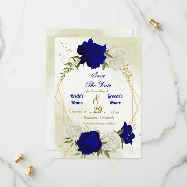 Reserva La Fecha flores reales azules blancas hojas verdes (Anverso/Reverso In Situ)