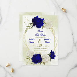 Reserva La Fecha flores reales azules blancas hojas verdes