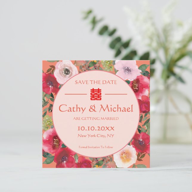 Reserva La Fecha flores rojas florales naranjas boda chino (Anverso de pie)
