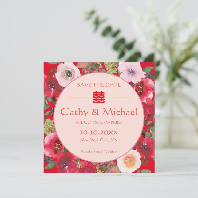 Reserva La Fecha Flores rojas florales rojas boda chino (Anverso de pie)