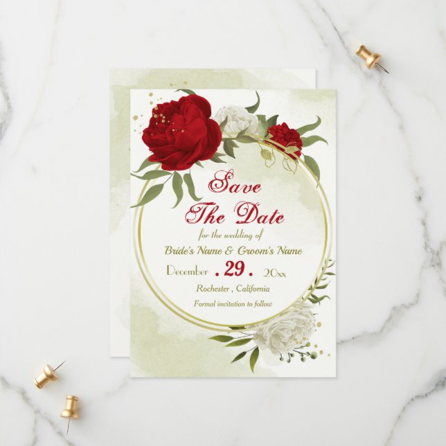 Reserva La Fecha flores rojas hojas verdes (Anverso/Reverso In Situ)