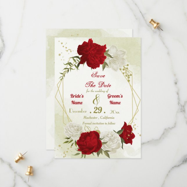 Reserva La Fecha flores rojas hojas verdes (Anverso/Reverso In Situ)