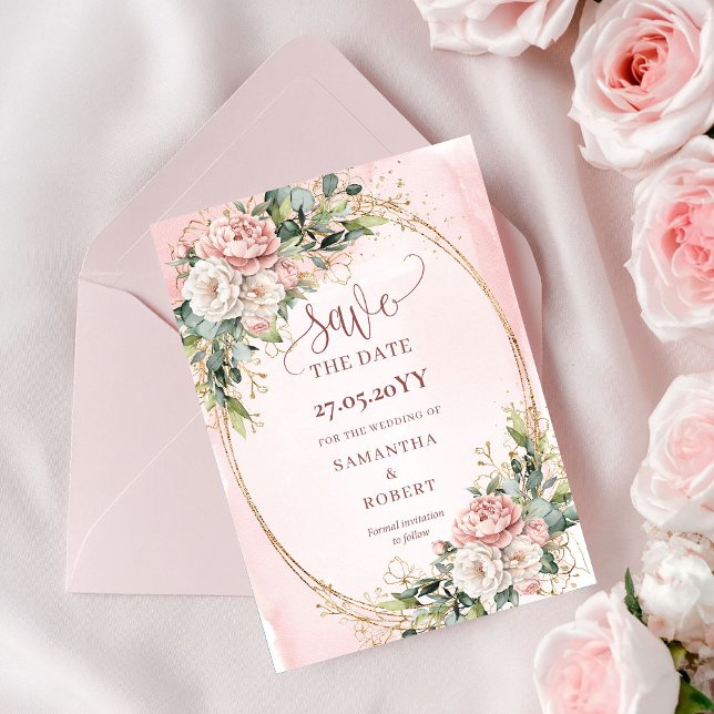 Reserva La Fecha Flores rosadas acuarela chic salvar la fecha (Chic Watercolor Blush Pink Flowers Save The Date)