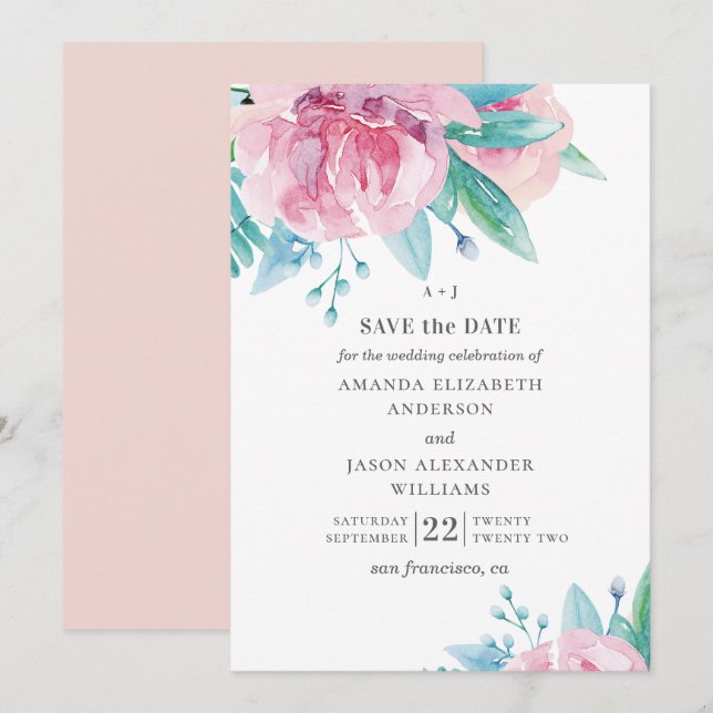 Reserva La Fecha Flores rosadas de acuarela. Boda floral sonrosada (Anverso / Reverso)