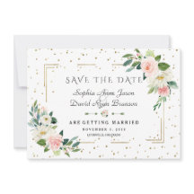 Flores rosadas de lujo en marco de oro con confeti