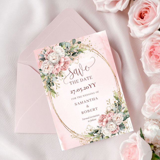 Reserva La Fecha Flores Rosadas Rústicas Bohemias Ahorra La Fecha (Rustic Bohemian Light Pink Flowers Save The Date)
