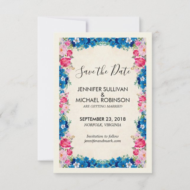 Reserva La Fecha Flores rosas y azules abren una elegante boda (Anverso)