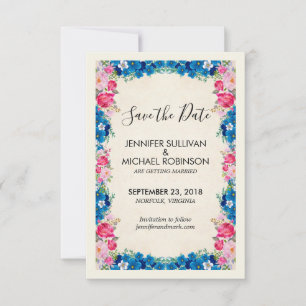 Reserva La Fecha Flores rosas y azules abren una elegante boda