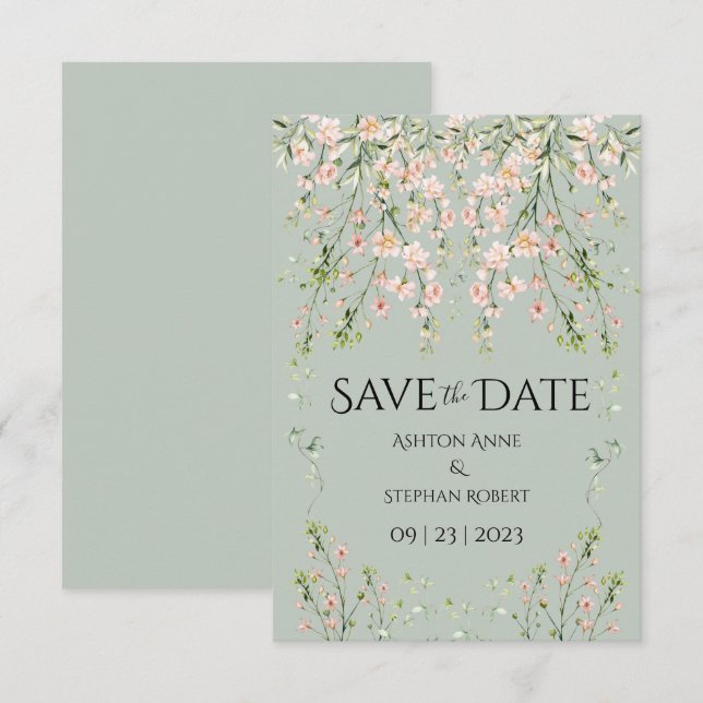 Reserva La Fecha Flores salvajes rosadas Rubor Sage Green Boda (Anverso / Reverso)