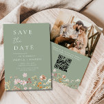 Reserva La Fecha Flores salvajes Sage Green Photo QR Code Save the<br><div class="desc">Este elegante boho ahorra la fecha minimalista invitación a la flor silvestre es la manera perfecta de anunciar sus próximos nupciales de una manera elegante y asequible. La invitación presenta un diseño sencillo con una flor silvestre y una fuente moderna. La invitación es personalizable con tu propio texto y detalles,...</div>