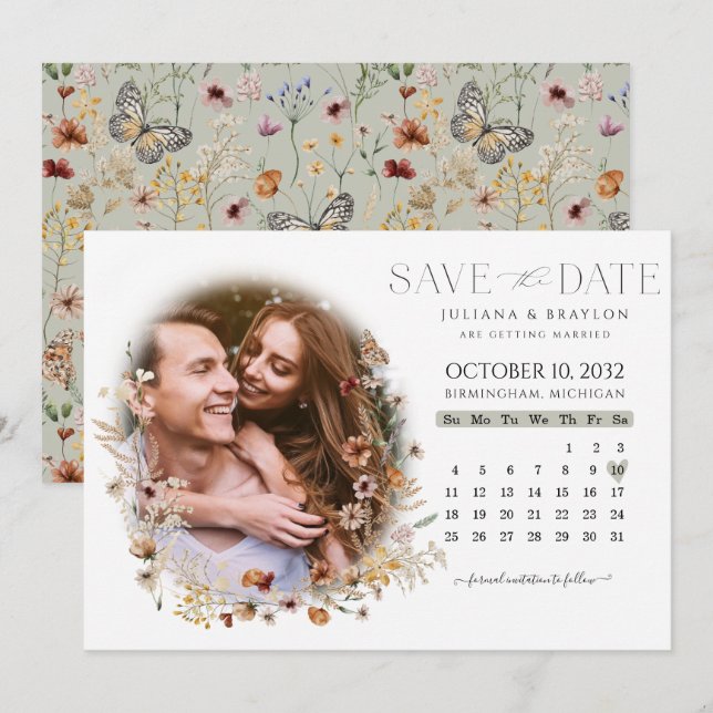Reserva La Fecha Flores silvestres acuarela calendario floral y fot (Anverso / Reverso)
