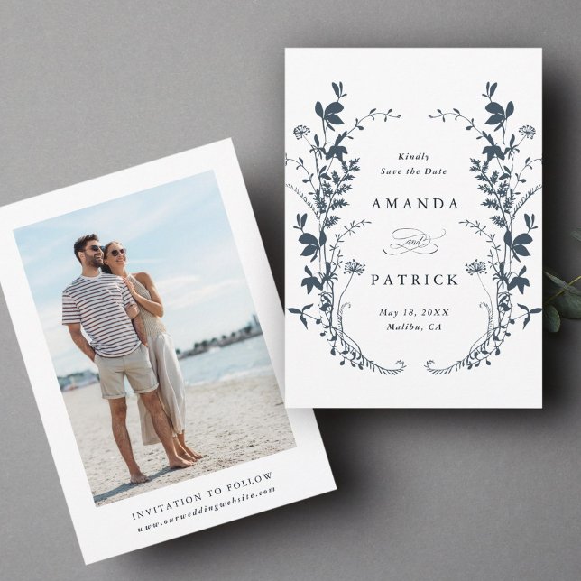 Reserva La Fecha Flores silvestres Boda de silueta foto marina azul (Front & Back)