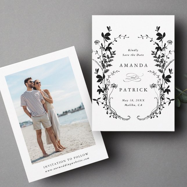 Reserva La Fecha Flores silvestres Boda de silueta foto negro y bla (Front & Back)