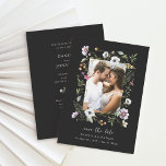 Reserva La Fecha Flores silvestres botánicas oscuras | Foto y códig<br><div class="desc">Estas extravagantes bodas, salvo las tarjetas de cita, presentan un marco de flores silvestres pintadas de color rosa, naranja, morado y blanco y hojas verdes que rodean tu foto personal, en un fondo gris/negro de carbón oscuro. La parte posterior de la tarjeta tiene espacio para más información de su boda,...</div>