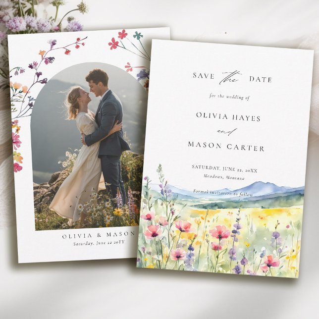 Reserva La Fecha Flores Silvestres de Pradera de Montaña Foto Moder (mountain wedding save the date boho arch photo wildflowers meadow floral watercolor modern)