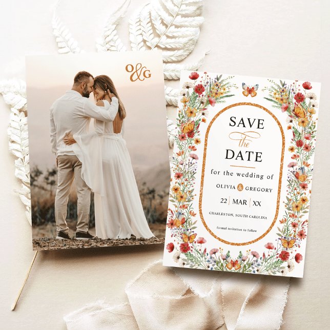 Reserva La Fecha Flores silvestres de primavera mariposas foto Guar (Boho Spring Watercolor Wildflowers Butterflies Monogram photo save the date invitation)