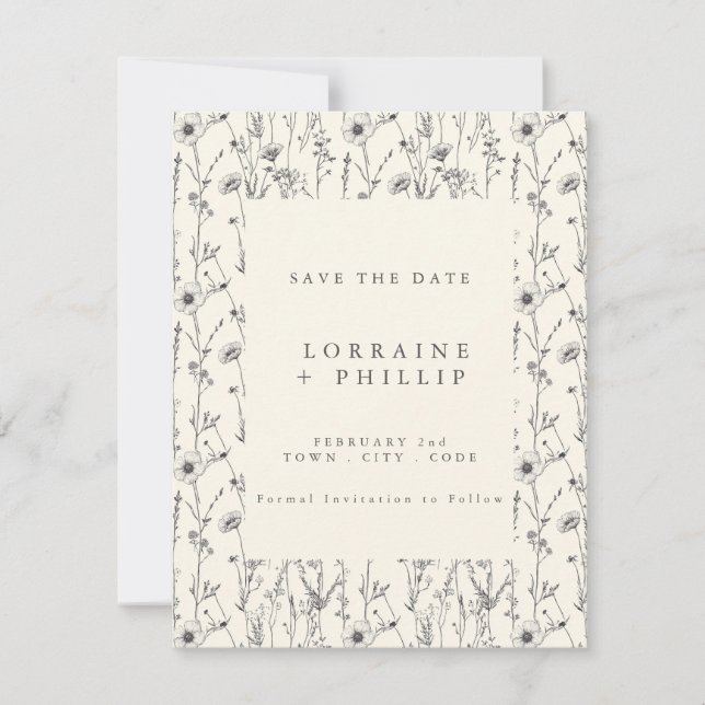 Reserva La Fecha Flores silvestres delgadas boda de patrón sin fisu (Anverso)