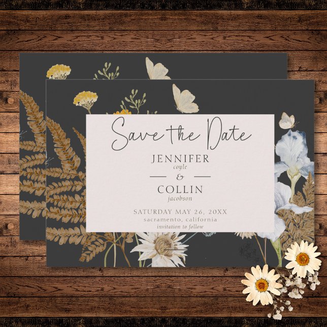Reserva La Fecha Flores silvestres en Boda de carbón vegetal (Wildflowers on Charcoal Wedding Save The Date)