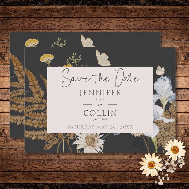 Reserva La Fecha Flores silvestres en Boda de carbón vegetal (Wildflowers on Charcoal Wedding Save The Date)