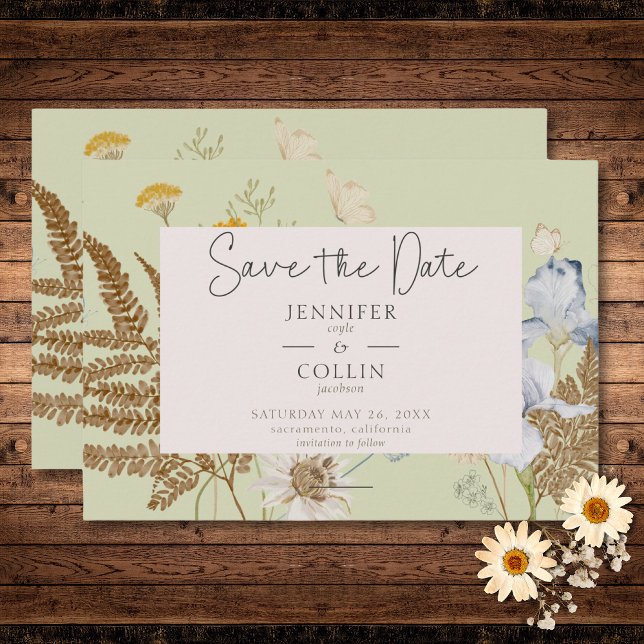 Reserva La Fecha Flores silvestres en Boda de sabio ligero (Wildflowers on Light Sage Wedding Save The Date)