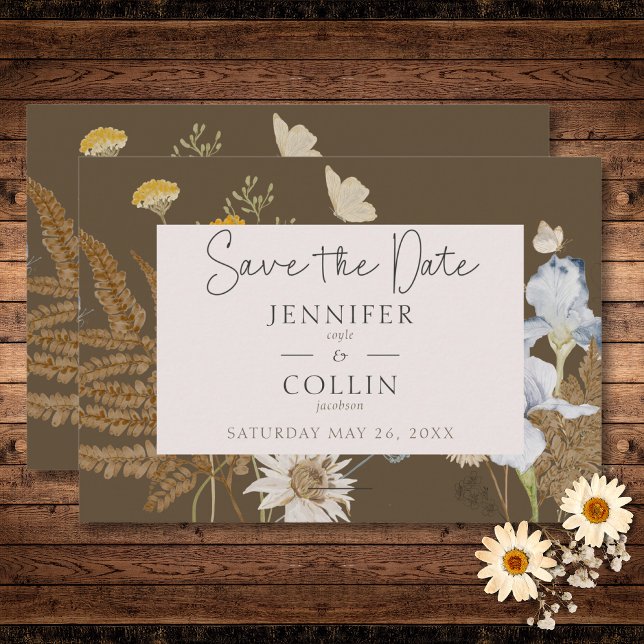 Reserva La Fecha Flores silvestres en el Boda Brown (Wildflowers on Brown Wedding Save The Date)