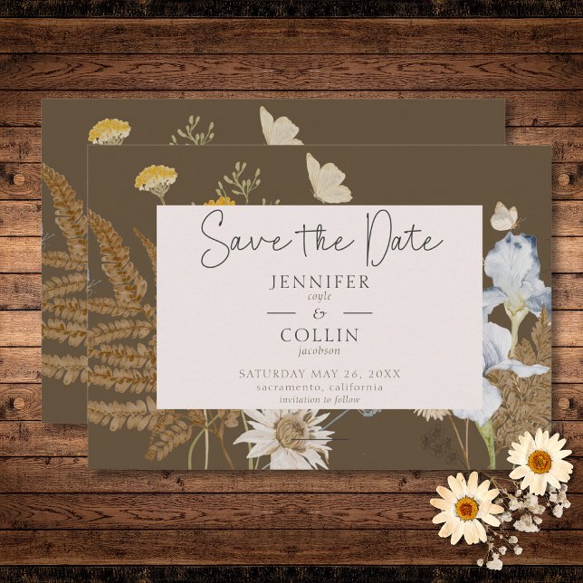 Reserva La Fecha Flores silvestres en el Boda Brown (Wildflowers on Brown Wedding Save The Date)