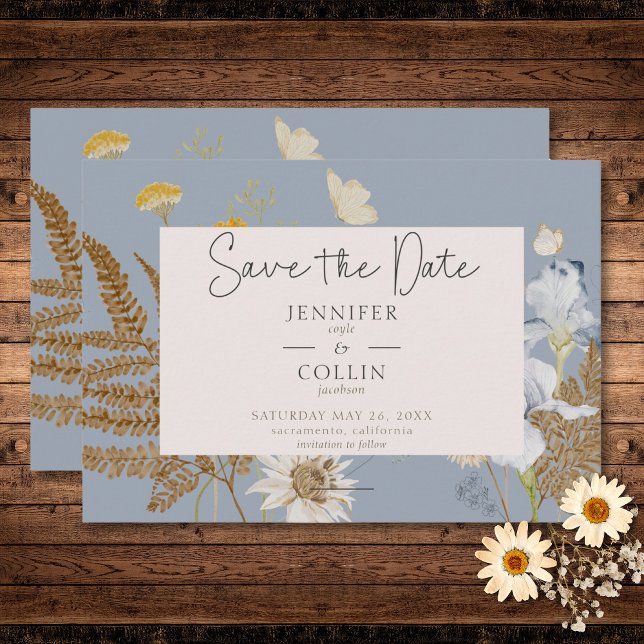 Reserva La Fecha Flores silvestres en un Boda azul turbio (Wildflowers on Dusty Blue Wedding Save The Date)