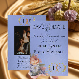 Reserva La Fecha Flores silvestres, monograma de foto y hoja - azul