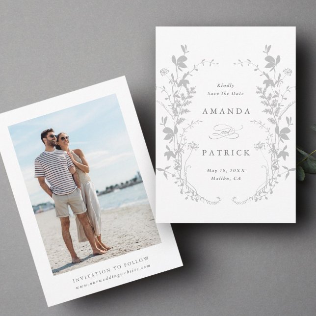 Reserva La Fecha Flores silvestres Silhouette Wreath Boda foto gris (Front & Back)