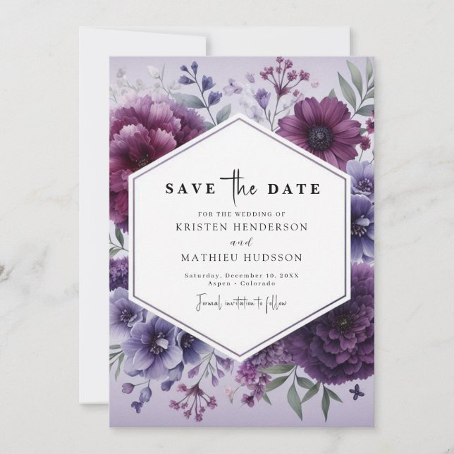 Reserva La Fecha Flores simples Boda morado floral (Anverso)