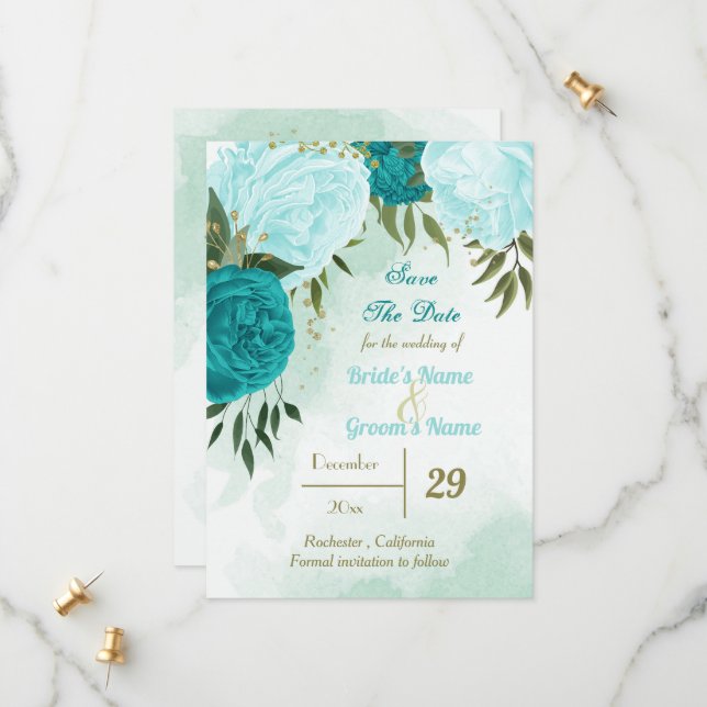 Reserva La Fecha flores turquesas hojas verdes (Anverso/Reverso In Situ)