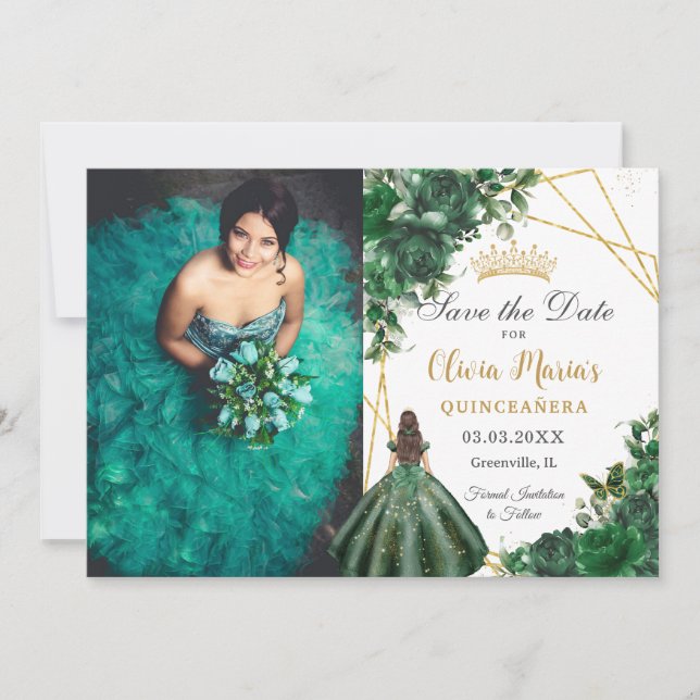 Reserva La Fecha Flores verdes esmeraldas foto de la princesa Quinc (Anverso)