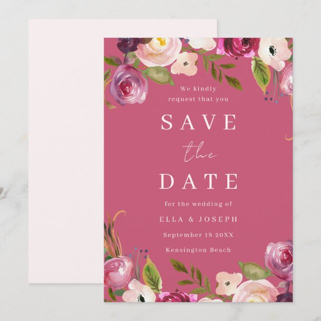 Reserva La Fecha Flores Vibrantes de Acuarela Rosa Boda (Anverso / Reverso)
