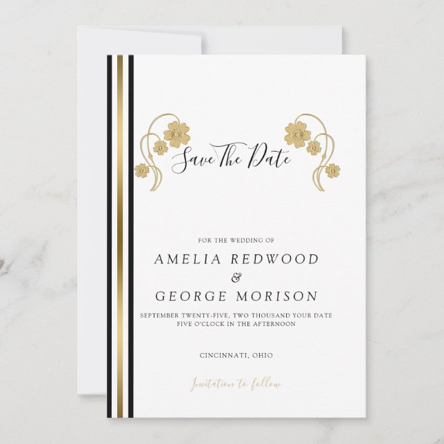 Reserva La Fecha Flores Y Rayas De Oro (Anverso)