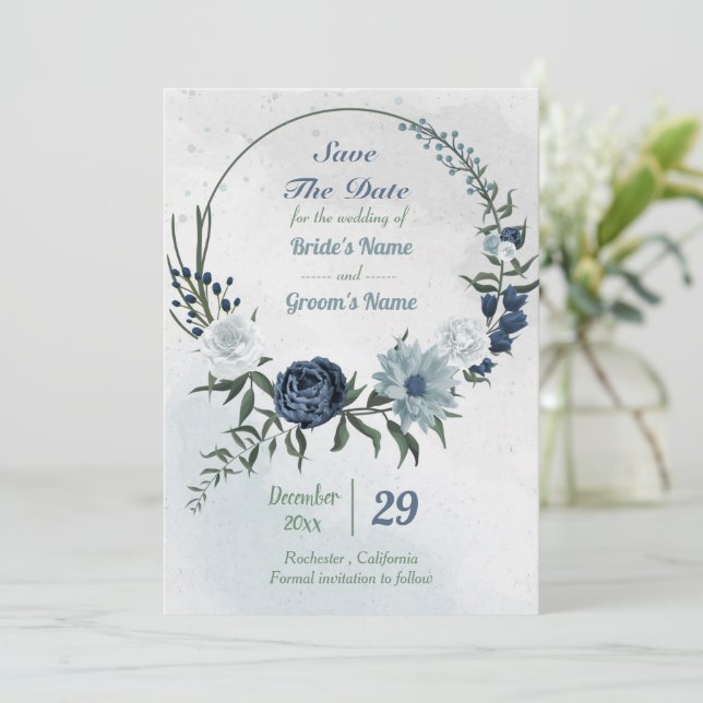 Reserva La Fecha florida floral blanca y azul (Anverso de pie)