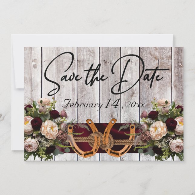 Reserva La Fecha Flowers & Horseshoes, Burgundy Ribbon Wedding (Anverso)