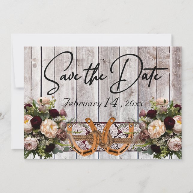 Reserva La Fecha Flowers, Lace & Horseshoes Burgundy Ribbon Wedding (Anverso)