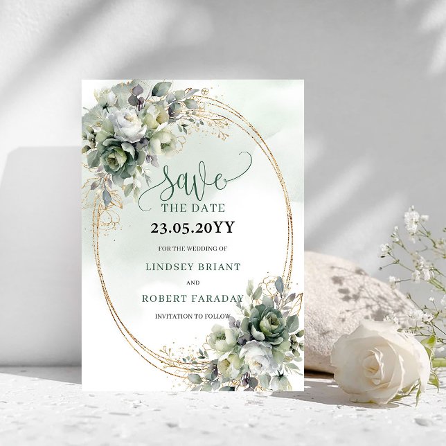 Reserva La Fecha Folaje verde polvoriento acuarela salvar la fecha (Dusty Green Foliage Watercolor Save The Date)