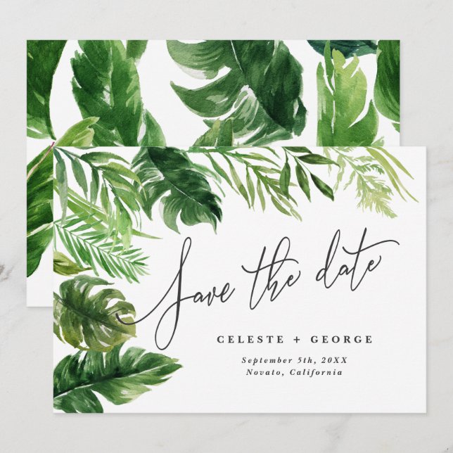 Reserva La Fecha Foliage floral tropical acuarela salvar la fecha (Anverso / Reverso)